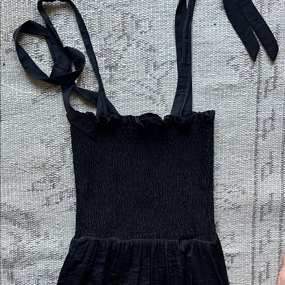 Black Smocked Luxe Silky Tie-Shoulder Maxi Dress - - Picture 5 of 6